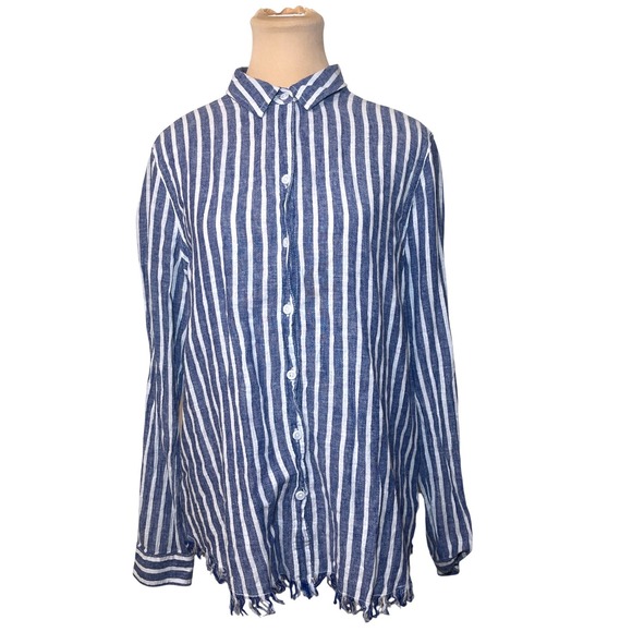 beachlunchlounge Tops - Beachlunchlounge Striped Linen Blend Shirt L Blue Coastal Nautical Casual Preppy